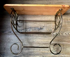 Vintage Bathroom Wooden Wall Shelf Gold Brass Scroll Towel Rack Bath Linens