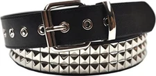 Studded Black Belt With 3 Row Pyramid Design Bonded Leather 28" - 48" Waist Size