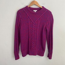 LL Bean Signature Fisherman Sweater Women Sz Small Blue Red Cable Knit Pullover
