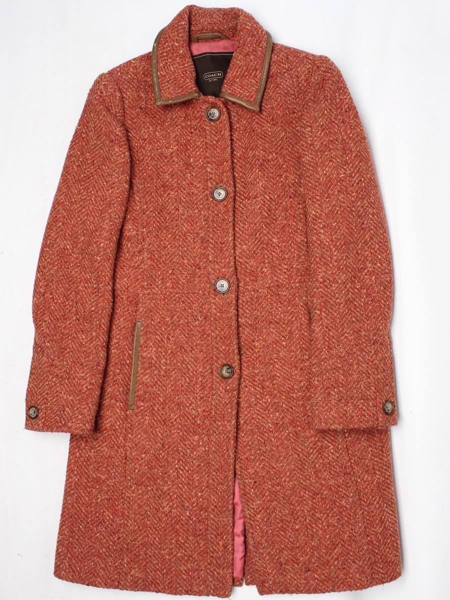 Coach Scaro Tweed Coat Womens S Rose Herringbone Wool Leather Trim  display picture 1