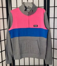 VICTORIA'S SECRET PINK GRAY BLUE LOGO QUARTER ZIP MOCK NECK PULLOVER SWEATSHIRT