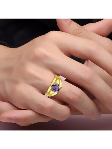 Rylos 14k Yellow Gold Ring Amethyst & Diamond 7X5MM Gemstone February - Picture 2 of 3