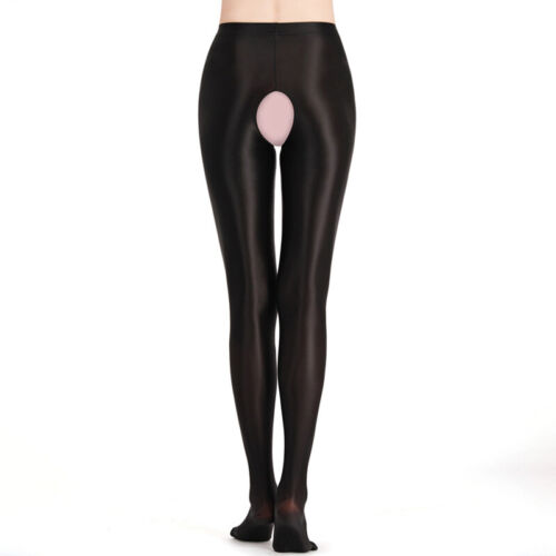 Women High Waist Glossy Crotchless Pantyhose Shimmery Stockings Footed Tights - - Picture 14 of 48