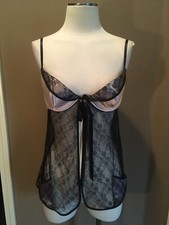 Victoria s Secret 36C Black Pink Lace Padded Bra Babydoll Nighty Chemise