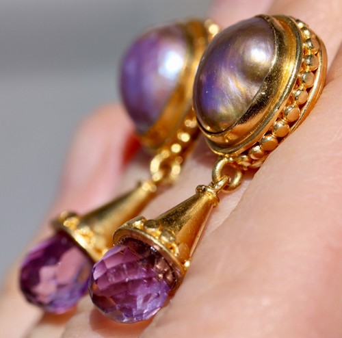 22K SOLID YELLOW GOLD 1.4" 13.8GRAMS BLISTER MABE PEARL AMETHYST CUSTOM EARRINGS - 第 1/12 張圖片