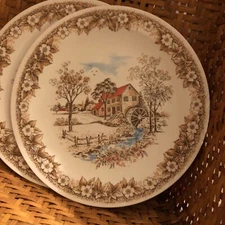 VINTAGE MELAMINE Set Of 2 Dinner Plates Country Home Water Wheel ARTISAN WARE