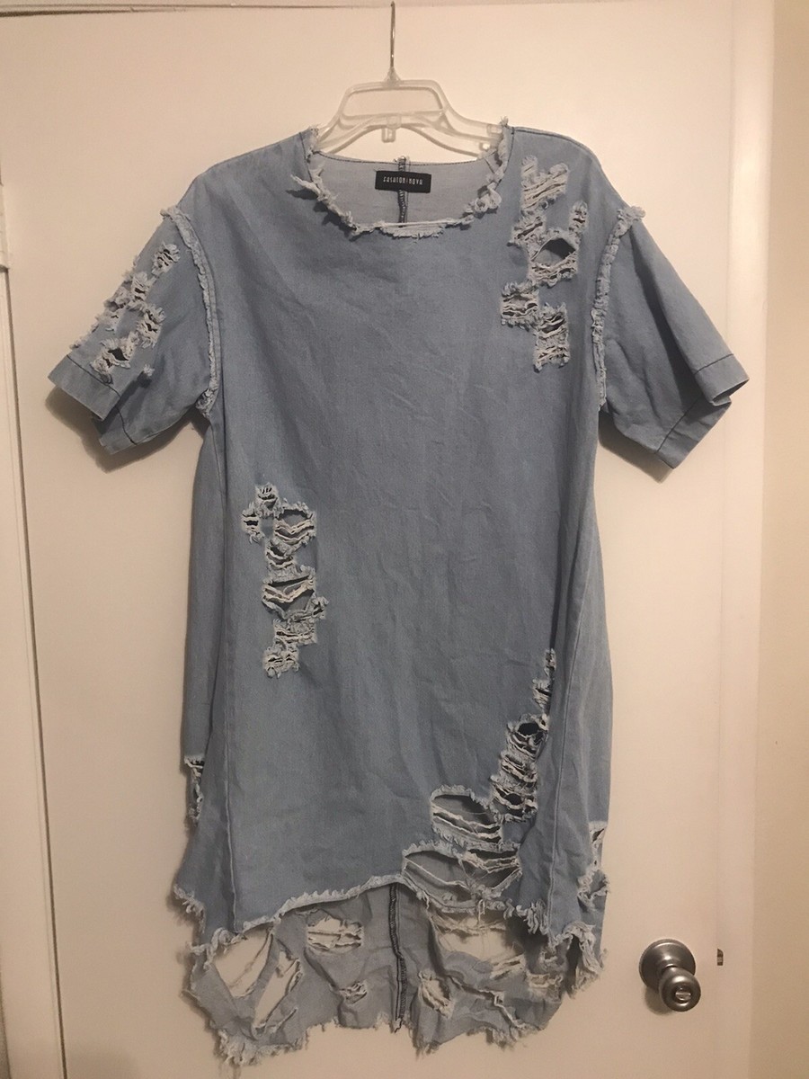 Women's Fashion Nova Blue Jean Dress Distressed Destroyed Ripped Sz L | eBay