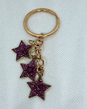Gold Tone Charm Keyring w/ Purple Glitter Star Charms Metal Keychain Women