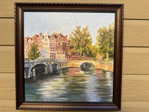 Pintura al óleo firmada JALK Jordaan District Canal arquitectura holandesa Ámsterdam - Imagen 2 de 10