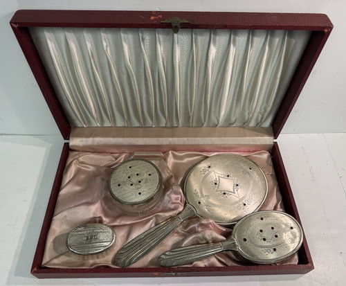 Antique Vintage Silver Vanity Set Hand Mirror & Hair Brush Pot w/Case