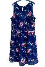 Yours Plus Size 22 Navy Floral Print Sleeveless Lined DRESS Pockets Casual