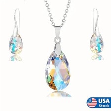 2PCS Water Drop Crystal Dangle Earrings Necklace Set Women Fashion Jewelry Party