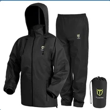 TIDEWE Men’s Rain Suit (2 Pc) Waterproof, Breathable, Lightweight. Black. Small.