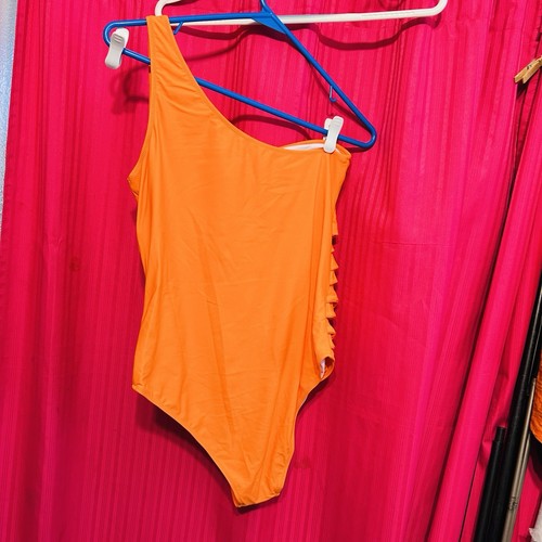 #8535 WOMENS ORANGE ONE SHOULDER ONE PIECE BATNING SUIT SIZE L - Picture 4 of 5