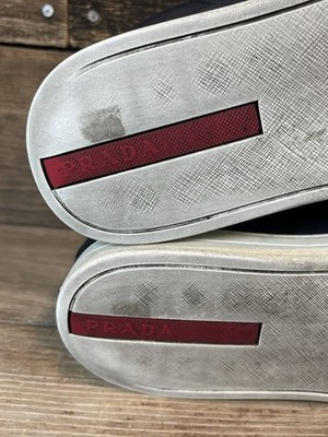 PRADA HIGH-TOP SNEAKERS SHOES BLUE WHITE RED STRIPE SUEDE US 7.5