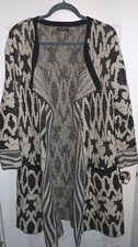 Lucky Brand Sweater Size 1X Long Open Cardigan Black  Oatmeal Tan Damask Print