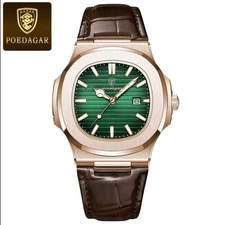 Poedagar 613 Men's Analog Quartz Watch With Date Genuine Leather Green Rose Gold