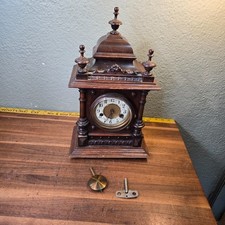 Antique Hamburg DRGM Mahogany?  Mantle Clock w old ad needs work