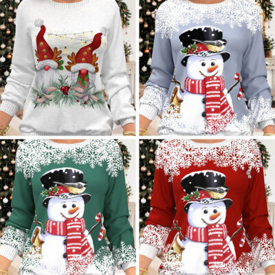 Damen Weihnachtspulli Pullover Sweatshirt Runder Ausschnitt Langarm Jumper Shirt