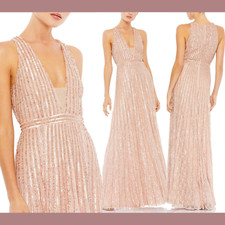 NWT $598 Mac Duggal [ 6 ] Sequined Sleeveless Plunge Neck Lace Gown Pink #G1348