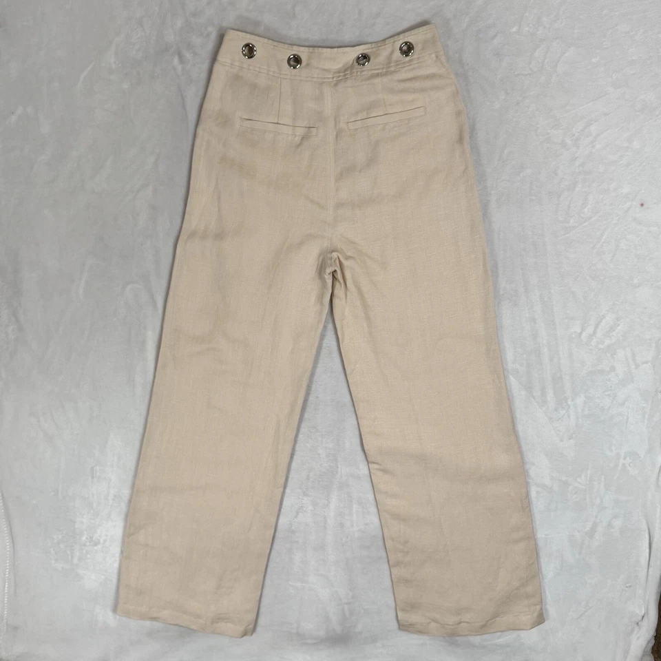 NUEVO Pantalones Plisados Paige Cintura Alta Pierna Ancha Talla 0 Mezcla de Lino Ojales Crudo Tostado Foto 3 de 4