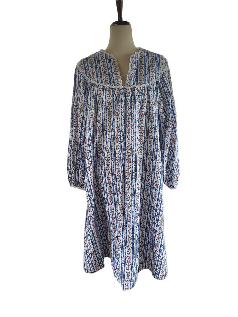 Lanz of Salzburg Blue Floral Nightgown Hearts Tyrolean Eyelet Flannel LARGE
