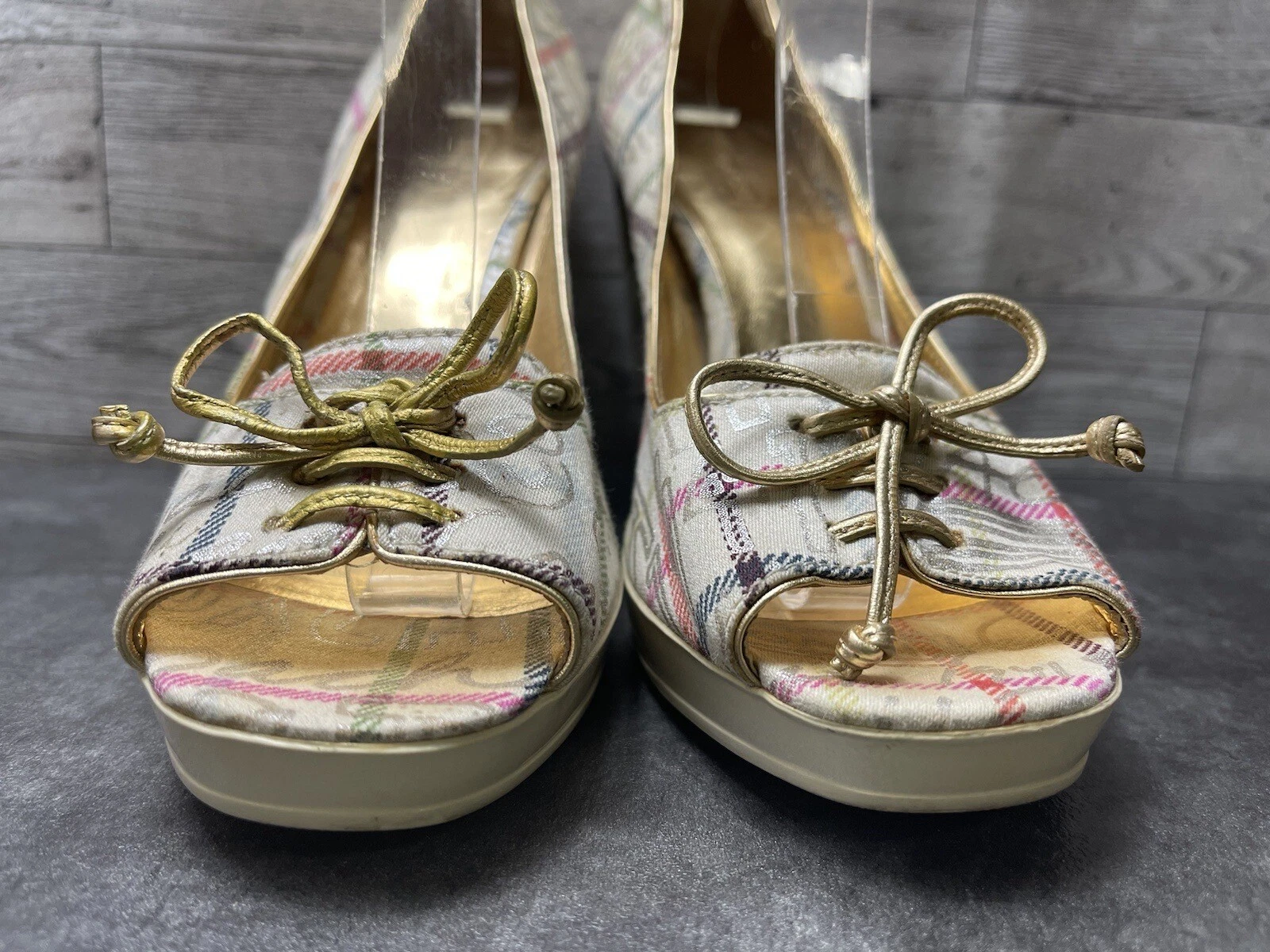 Scarpe Coach tacco donna 6 5B Corey beige raso a righe punta aperta eleganti decolte