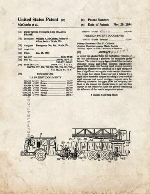 E-One Fire Truck Torque Box Chassis Frame Patent Print Old Look