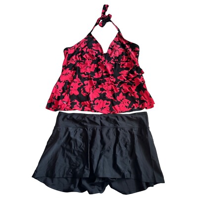 Ava Viv Womens Swimsuit Sz XL Plus Pink/Black Floral Tankini Top Skort  Bottom
