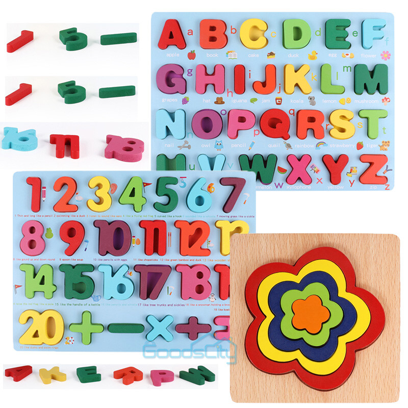 Wooden Alphabet Puzzle Board - Letters Numbers Shapes Montessori Learning Toy For Preschool Kids