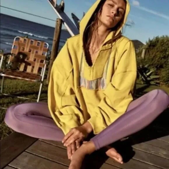 New FP Movement Yellow Oversized Surf Sesh Baja Sweatshirt Hoodie