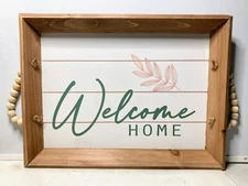 "Welcome Home" Neutral Tranquility Wooden Serving Tray with Bead Handles