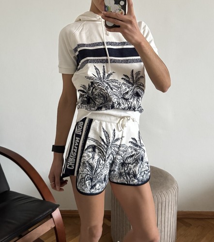 Stunning Authentic Christian Dior Chez Moi Logo Hoodie Shorts Set Suit Size XS