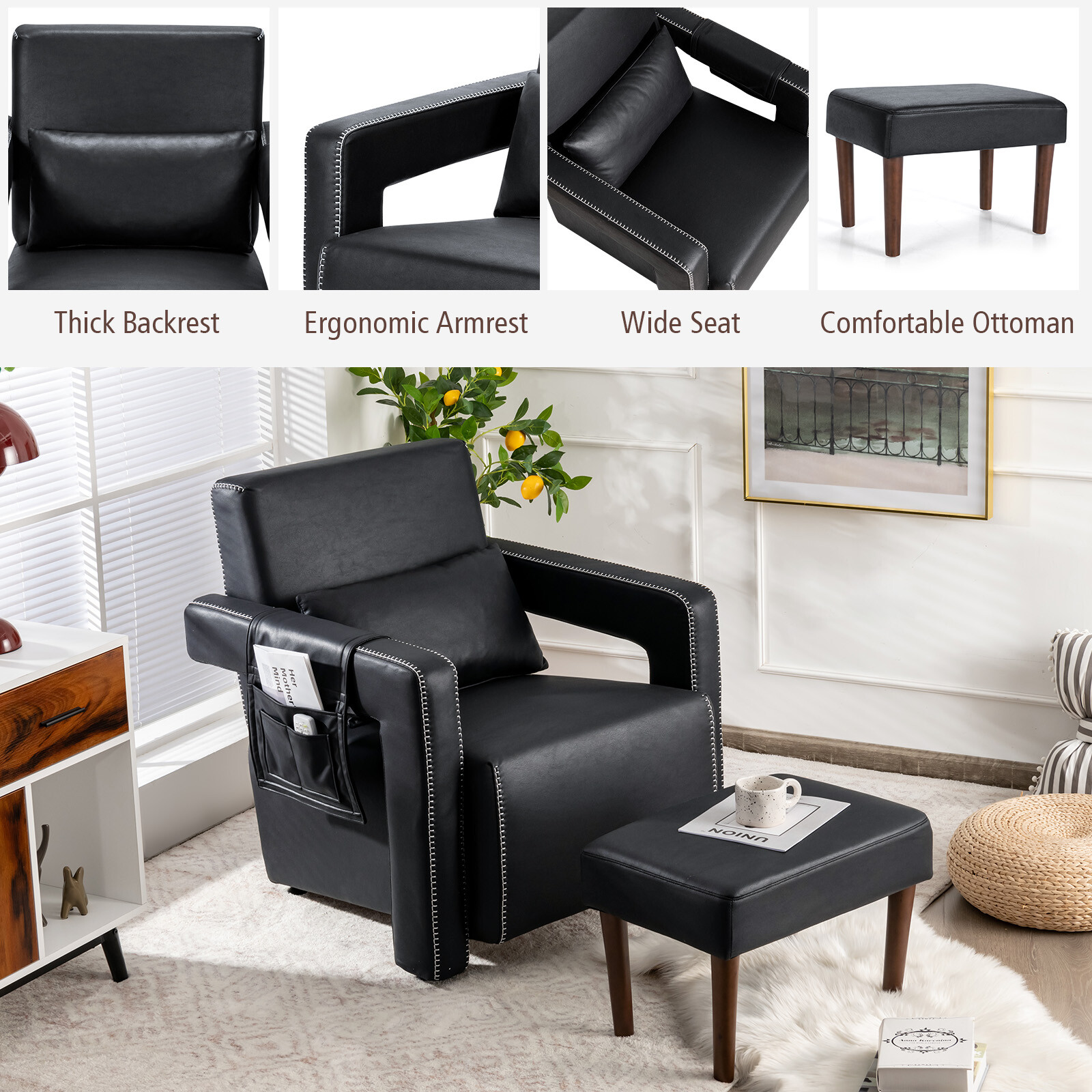 Giantex Single Sofa Chair Breathable Leathaire w/ Ottoman & Waist Pillow Black