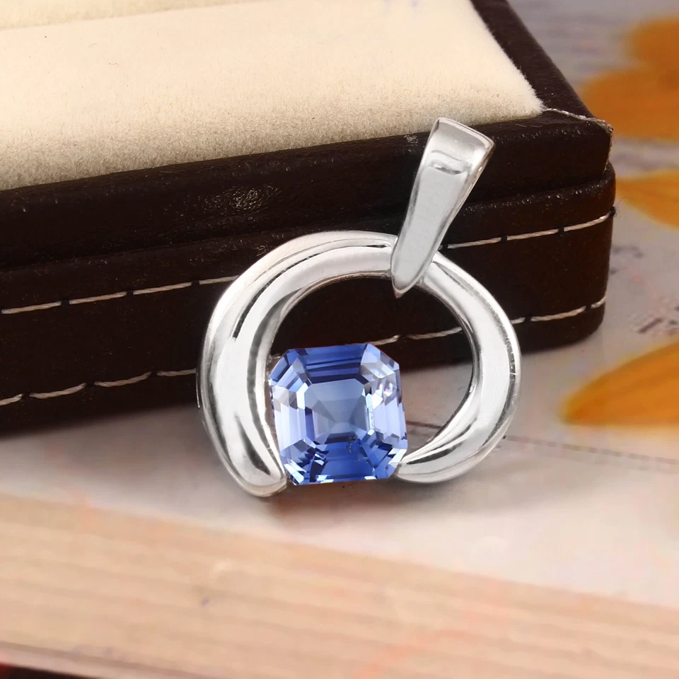 Adorabile Ceylon Pastello Zaffiro Blu Taglio Asscher 925 Ciondolo Argento Gemma - Immagine 3 di 4