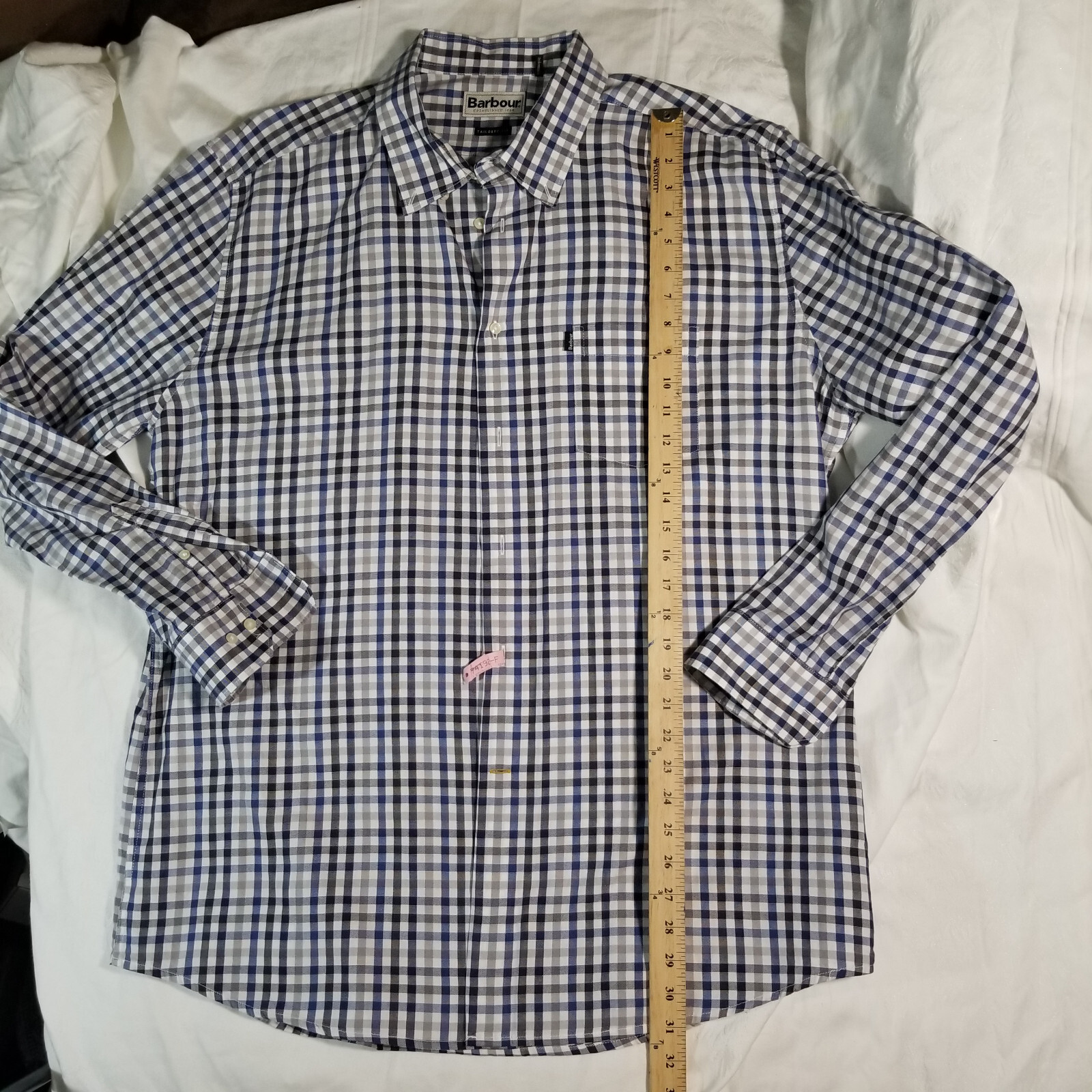 BARBOUR BUTTON DOWN SHIRT TAILORED FIT STAPLETON BLUE GRAY CHECK LXL ONG SLEEVE-image