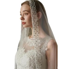 1 Tier Pearl Wedding Bridal Veil with beaded Edge and Metal Comb 47" White Lo...