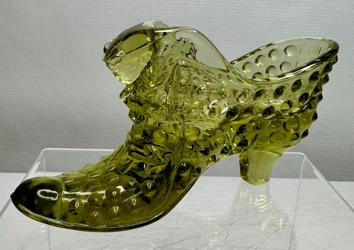 Vintage Fenton Glass Cat Head Slipper Shoe Hobnail Design Emerald Green - Picture 2 of 7