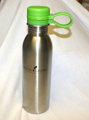 Young Living Stainless Steel Hot & Cold Water Bottle Green Cap 10'' Tall Open Box