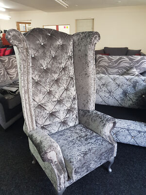 Chesterfield High Queen Anne Wing Back Chair in Grey Crushed Velvet  UK
