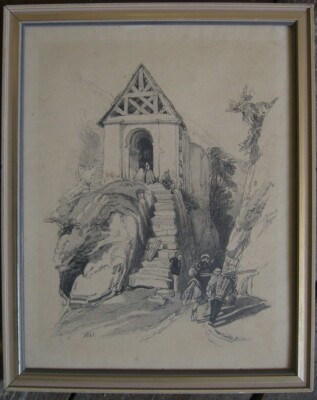 Pencil Drawing Biedermeier 1841 Chapel with People Italy Study Antique