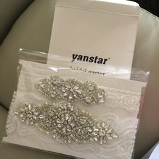 Yanstar Wedding Bridal Garter  2x White Stretch Lace Garters Crystals  Pearls