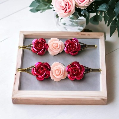 Pink Rose Flower Hair Pin Womens Floral Bobby Pin Set of 2 Cute Boho Bridal Hair