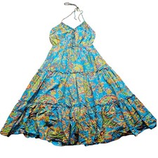 Nine West Dress Blue Paisley Silk Blend Halter Maxi Dress 12 Boho Tiered Ruffle