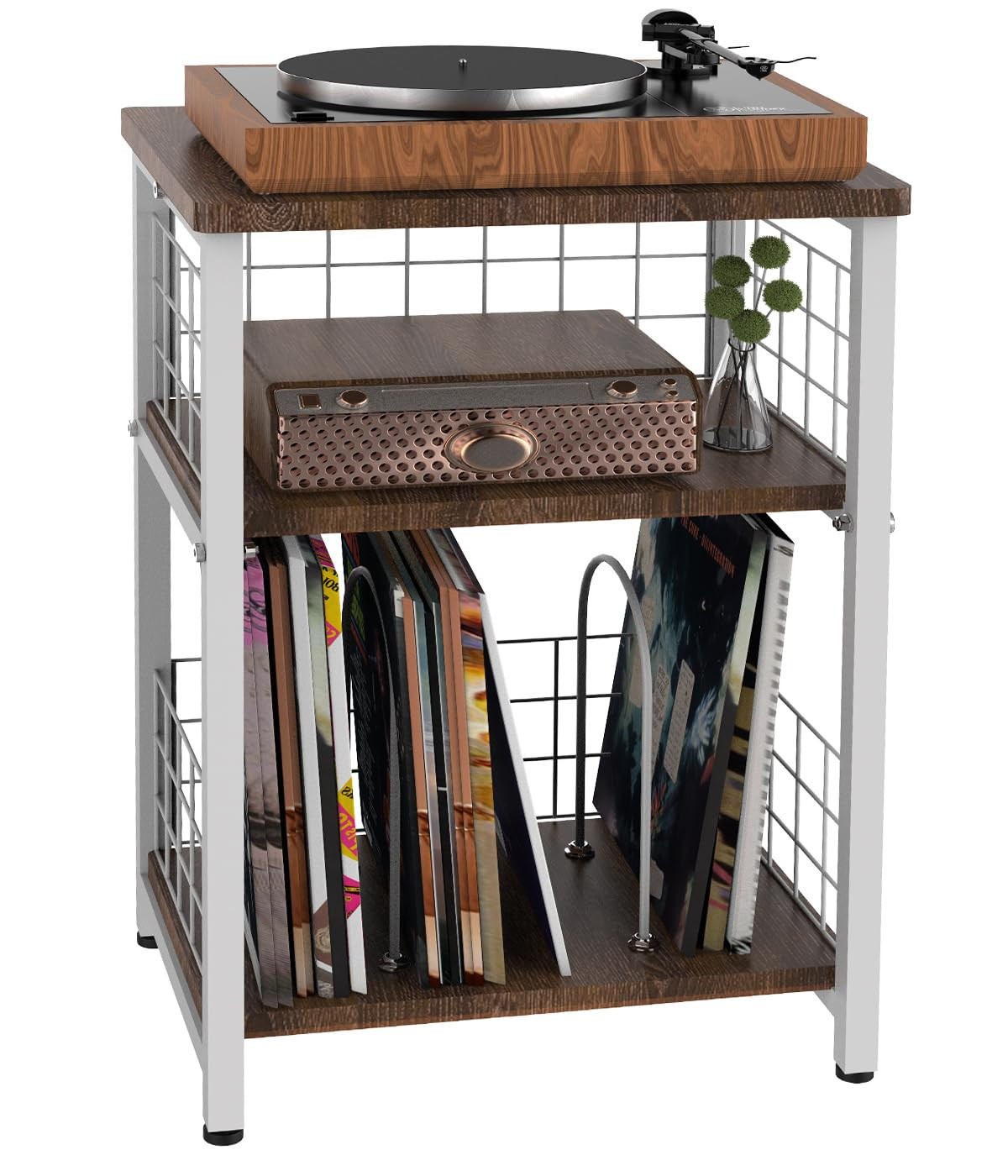 3 Tier Record Player Stand with Double Layer Iron Wire Mesh and Turntable Storage  -image