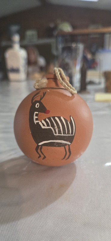 Hand-painted And Signed Terracotta Ornament Black And White Reindeer