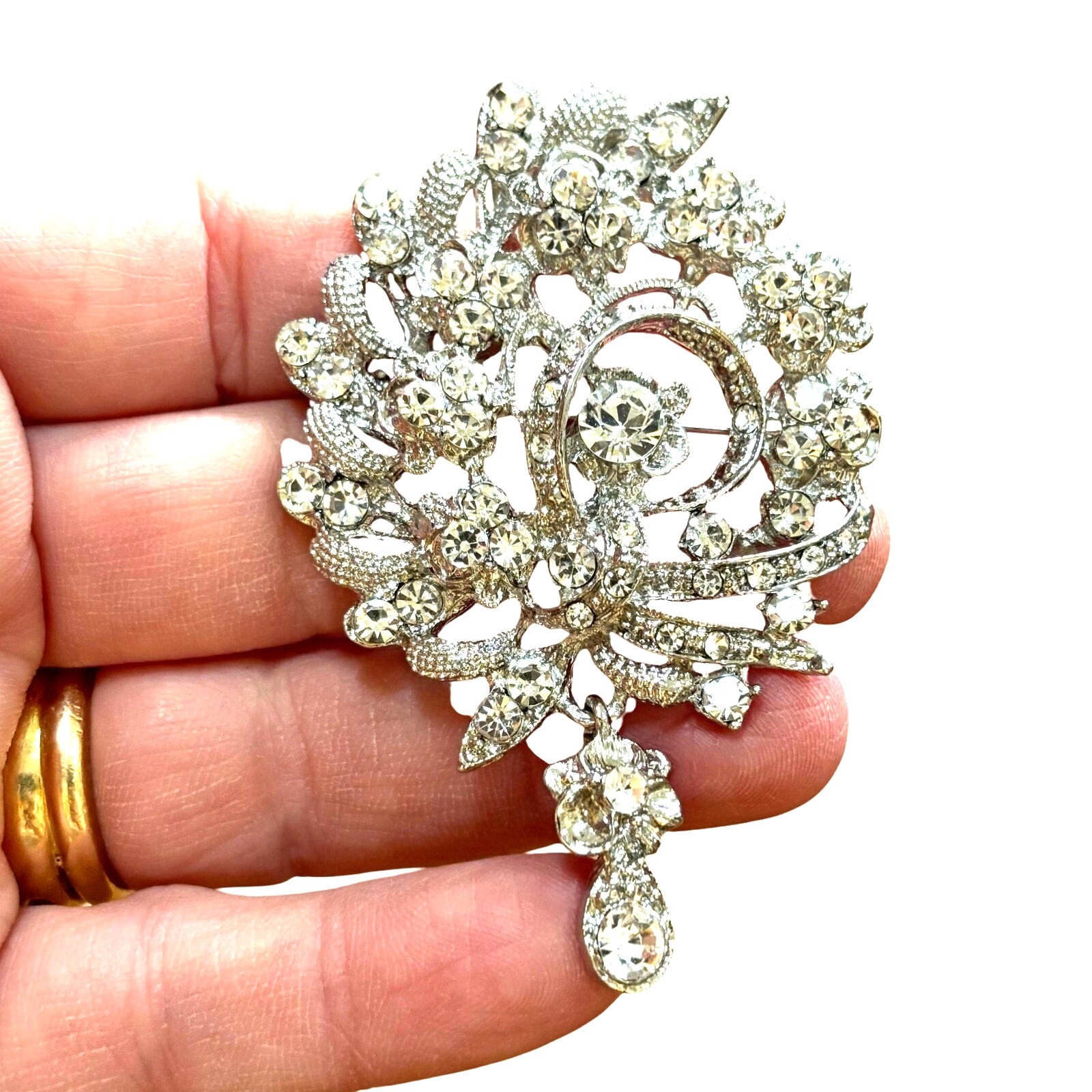 Silvertone statement brooch clear white rhineston… - image 6