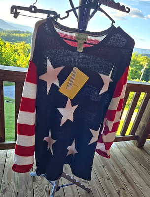 VTG.  QUACKER FACTORY QVC Red White & Blue Stars & Stripes Knit Sweater 2X NWT