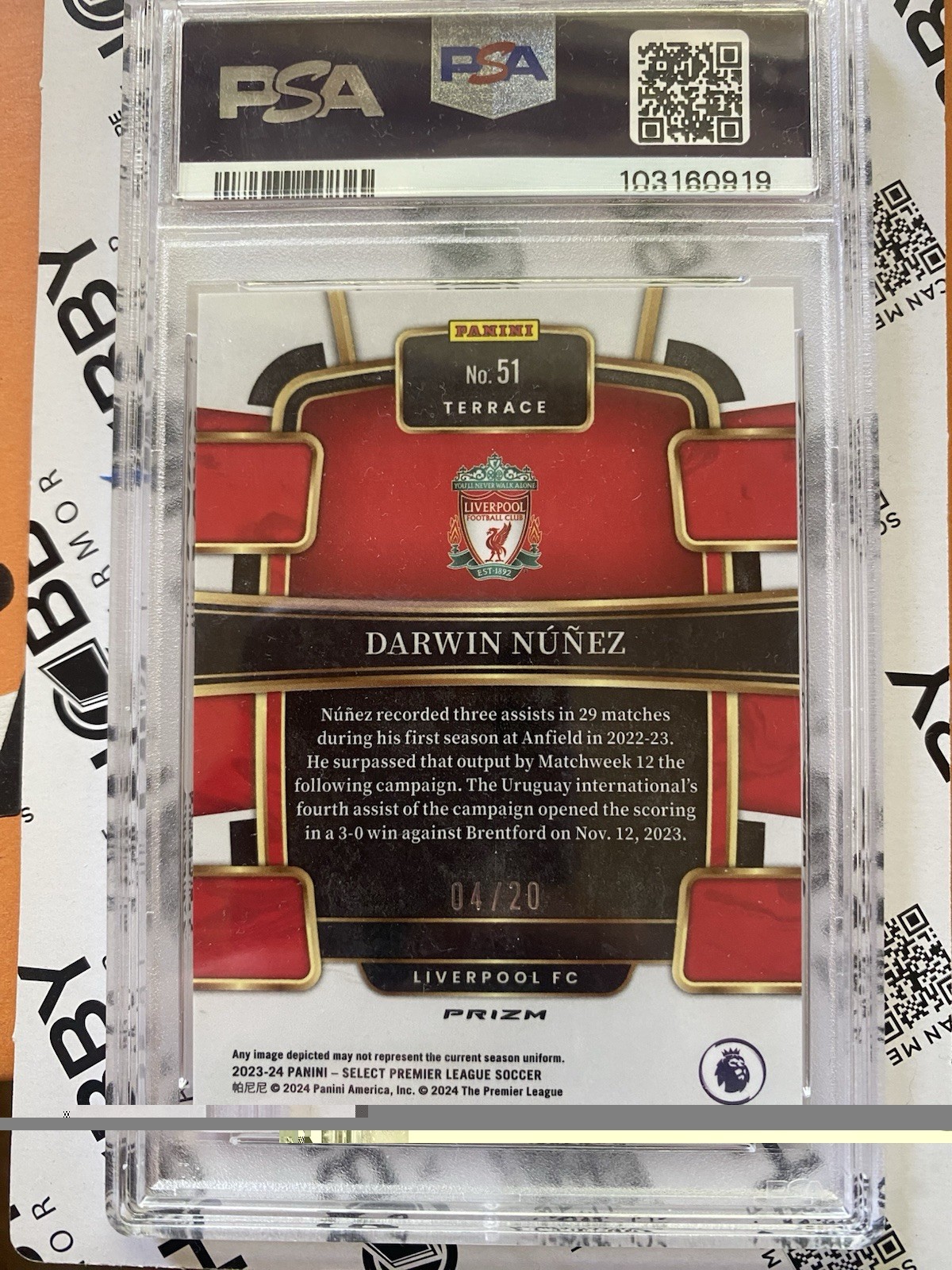 2023-24 Select Premier League Terrace Darwin Nunez #51 White Prizm /20 PSA 9 view 2