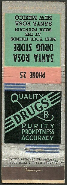 PHARMACY early ~ SANTA ROSA DRUG STORE ~ matchcover SANTA ROSA, NM new mexico